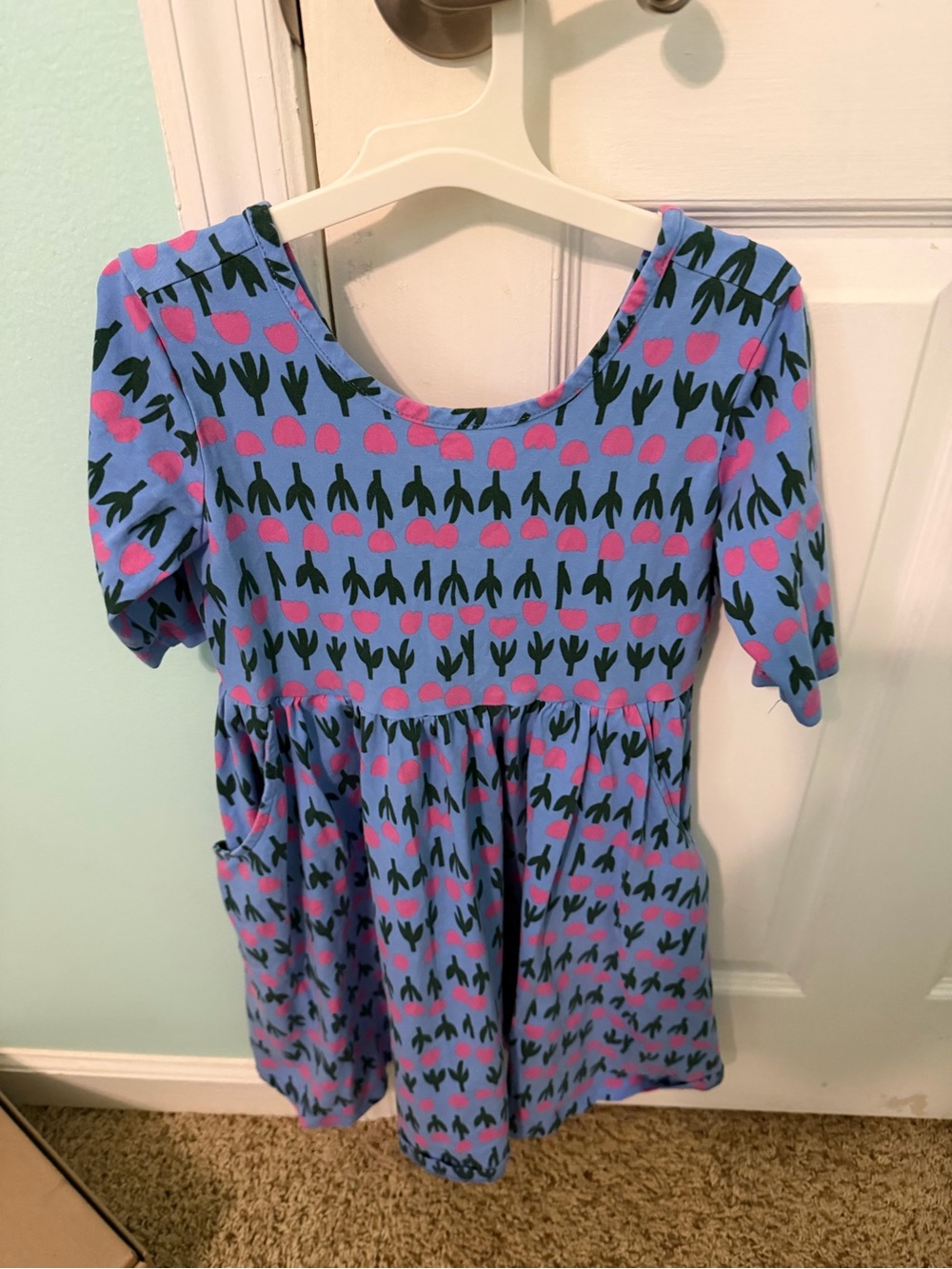 Hanna Andersson Blue Knit Dress with Pink Tulip Print Size 8 Lot of Two